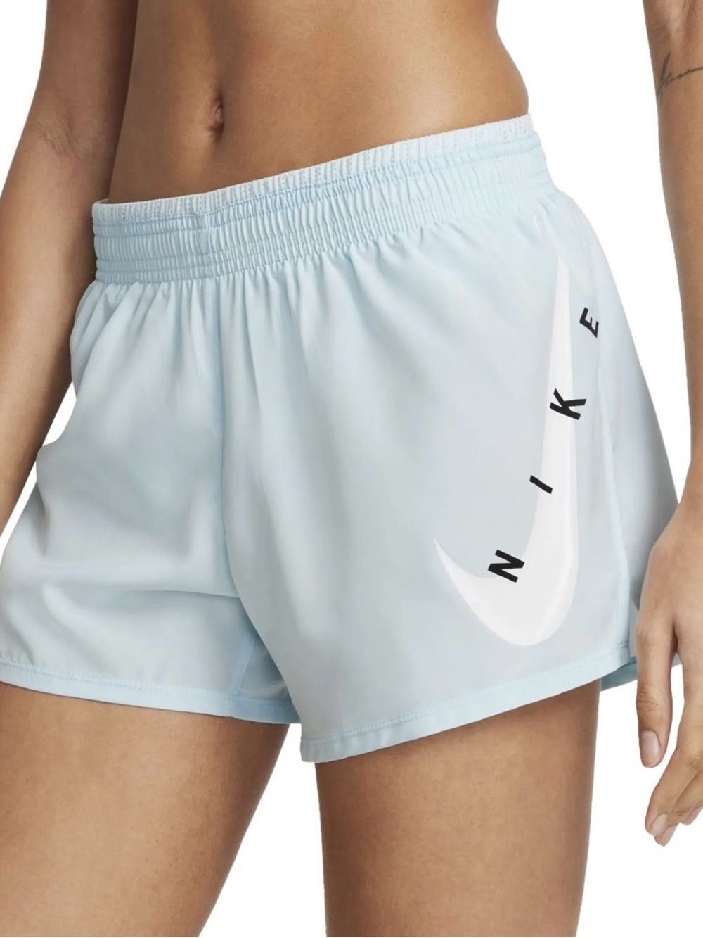 Nike Swoosh Run Dri-FIT Shorts Light Blue Oversized Logo Women’s Size S Summer